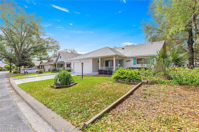 ranch-style house featuring a garage, concrete driveway, a porch, and a front yard