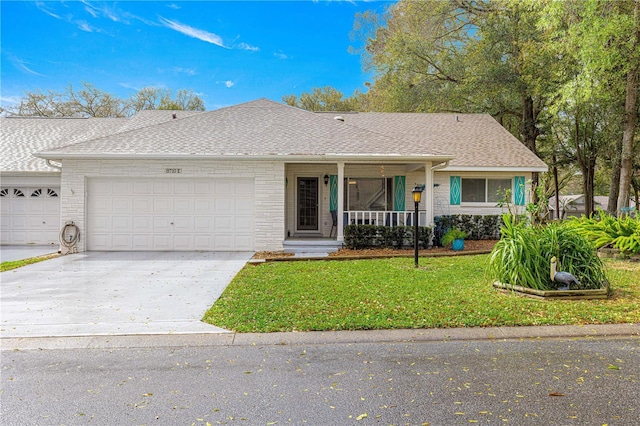 single story home with a garage, covered porch, driveway, roof with shingles, and a front lawn