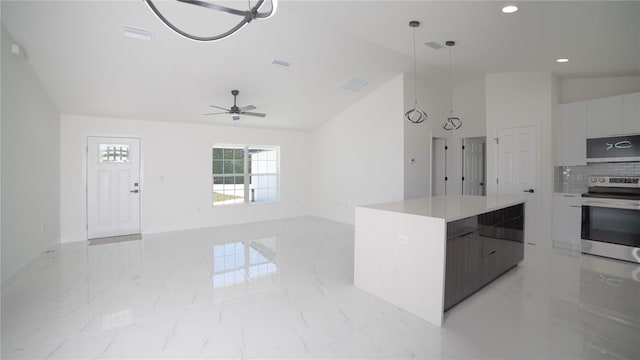 kitchen with marble finish floor, visible vents, electric range, and modern cabinets