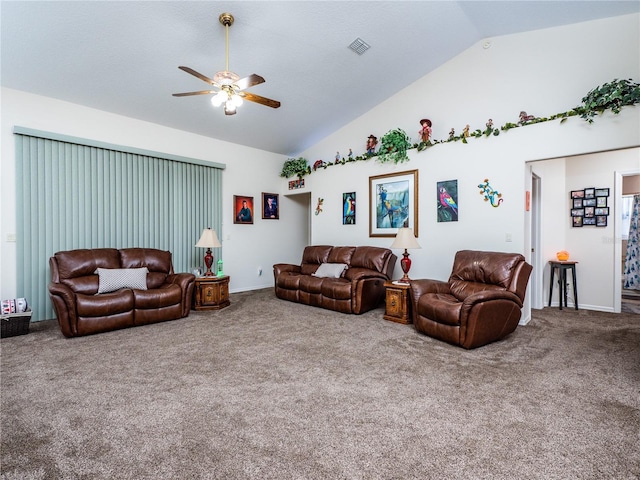 carpeted living area with baseboards, high vaulted ceiling, visible vents, and a ceiling fan