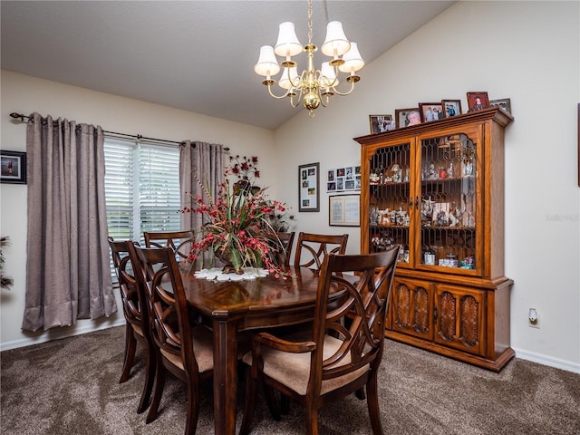 dining space featuring carpet, a notable chandelier, lofted ceiling, and baseboards