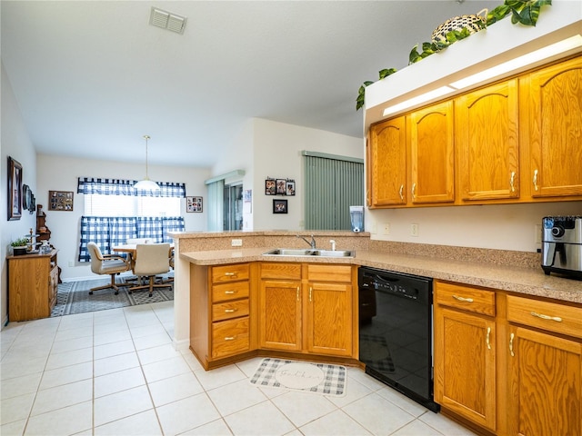 kitchen featuring light tile patterned floors, black dishwasher, a peninsula, light countertops, and a sink