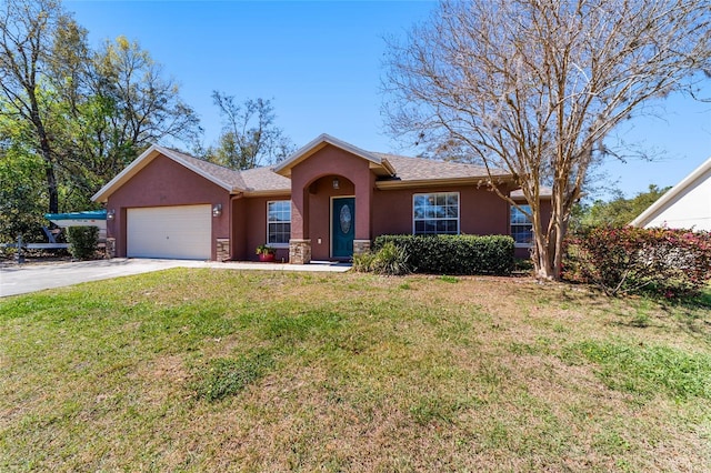 single story home with stucco siding, an attached garage, driveway, and a front lawn