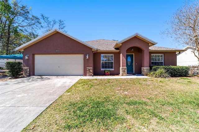 ranch-style home with stucco siding, concrete driveway, a front yard, and a garage