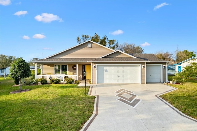 ranch-style house with covered porch, concrete driveway, an attached garage, and a front yard