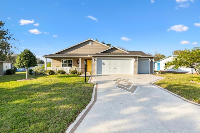 single story home featuring a garage, driveway, a porch, and a front yard