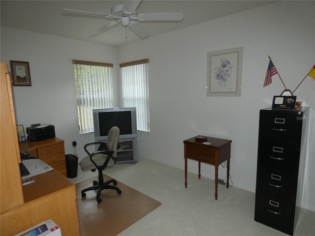 office space with ceiling fan and carpet flooring