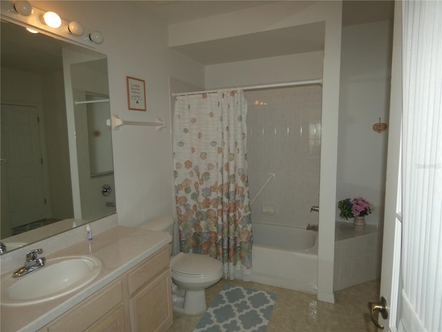 full bath featuring tile patterned floors, vanity, toilet, and shower / bath combo with shower curtain