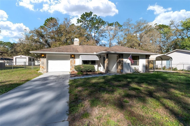 ranch-style home with a front yard, concrete driveway, fence, and a chimney