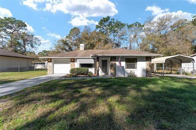 ranch-style house featuring concrete driveway, a chimney, fence, a carport, and a front yard