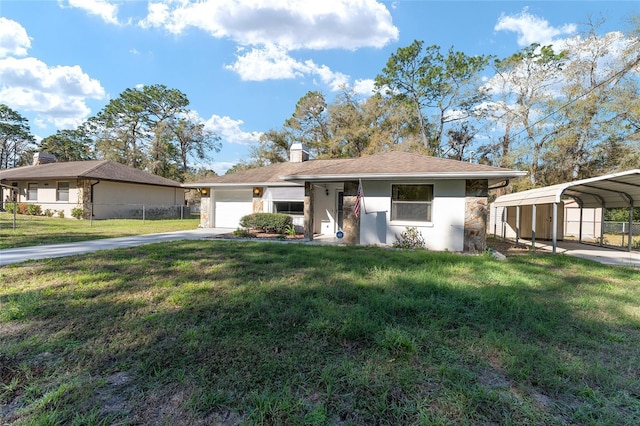 view of front of home with a carport, a front yard, driveway, and fence