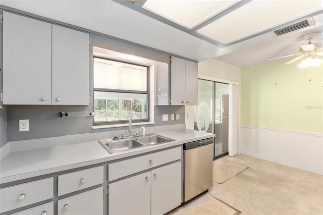 kitchen with ceiling fan, a sink, visible vents, light countertops, and dishwasher