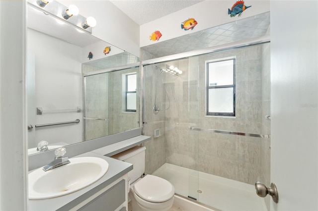 bathroom with plenty of natural light, a shower stall, and vanity