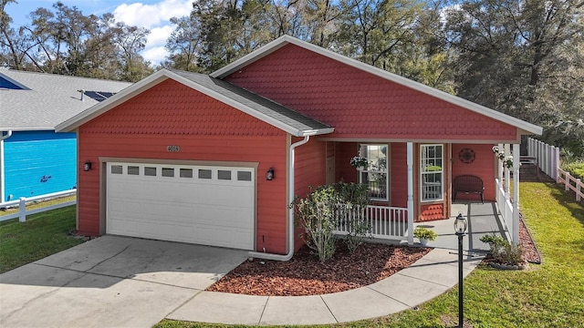 view of front facade featuring covered porch, a front yard, fence, a garage, and driveway