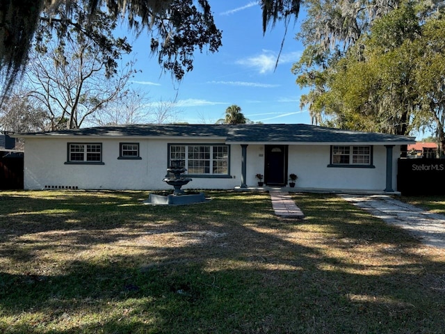 single story home with a front lawn and stucco siding