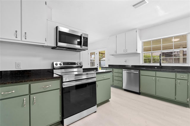 kitchen featuring a sink, white cabinets, appliances with stainless steel finishes, and green cabinetry
