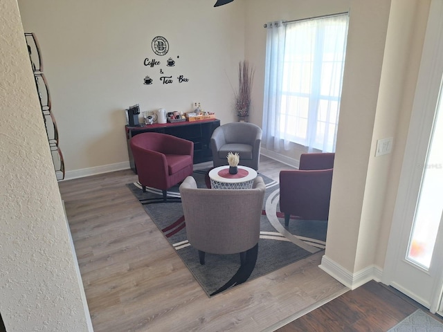 living area with baseboards, wood finished floors, and a healthy amount of sunlight