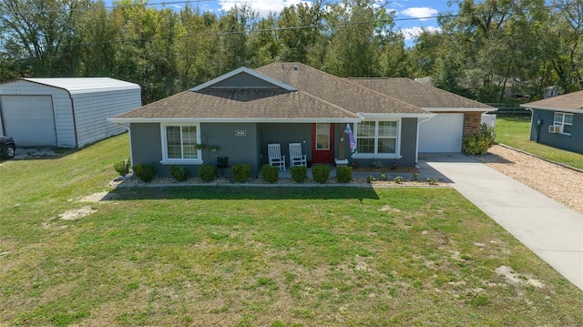 single story home featuring a garage, driveway, roof with shingles, stucco siding, and a front yard