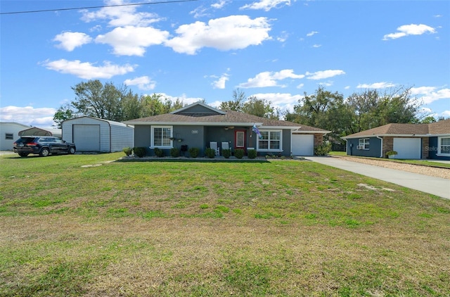 ranch-style home with a front yard, concrete driveway, an attached garage, and stucco siding