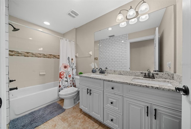 full bathroom with toilet, shower / bath combination with curtain, tile patterned flooring, and a sink