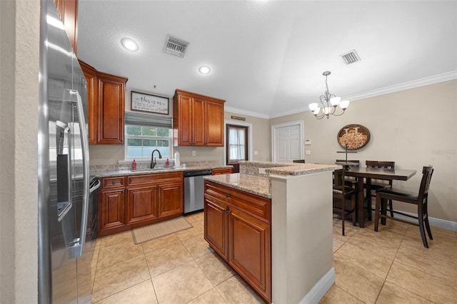 kitchen featuring stainless steel appliances, a center island, visible vents, and light tile patterned floors