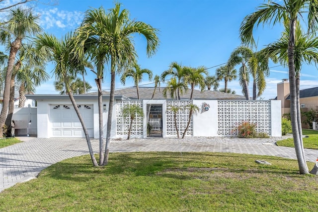 single story home featuring an attached garage, a front lawn, decorative driveway, and stucco siding