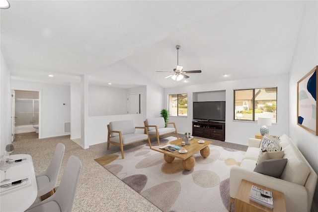 living area with lofted ceiling, recessed lighting, a ceiling fan, baseboards, and carpet