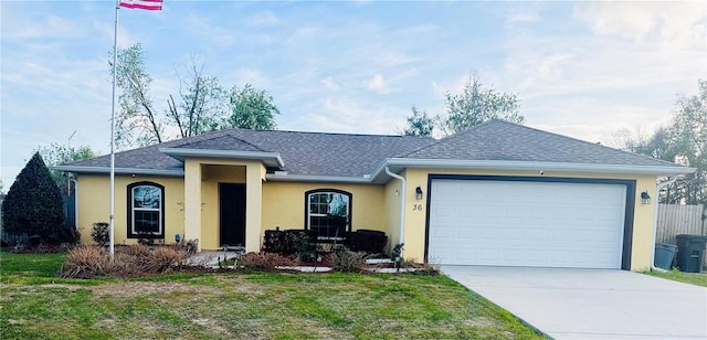 single story home featuring a garage, driveway, a shingled roof, and stucco siding