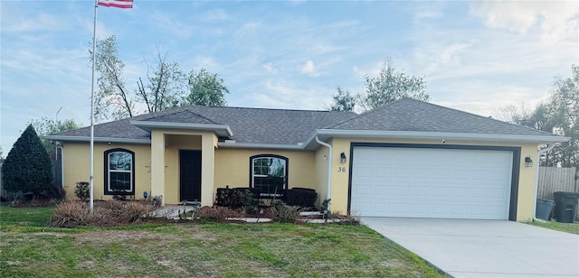 ranch-style home featuring a garage, driveway, a shingled roof, and stucco siding