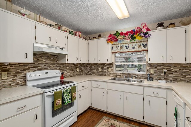 kitchen featuring white appliances, dark wood-style flooring, light countertops, under cabinet range hood, and a sink