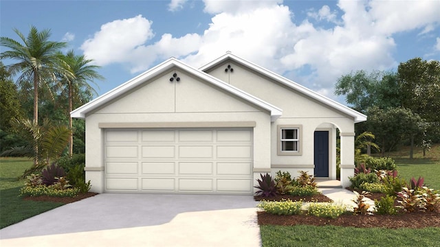 ranch-style house featuring concrete driveway, an attached garage, and stucco siding