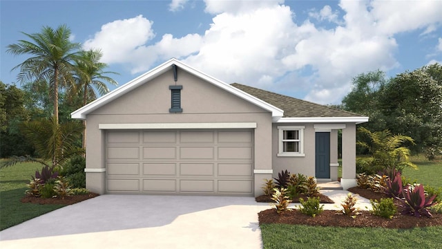 ranch-style house featuring an outbuilding, driveway, an attached garage, and stucco siding