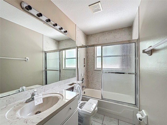 full bath with bath / shower combo with glass door, visible vents, toilet, a textured ceiling, and vanity