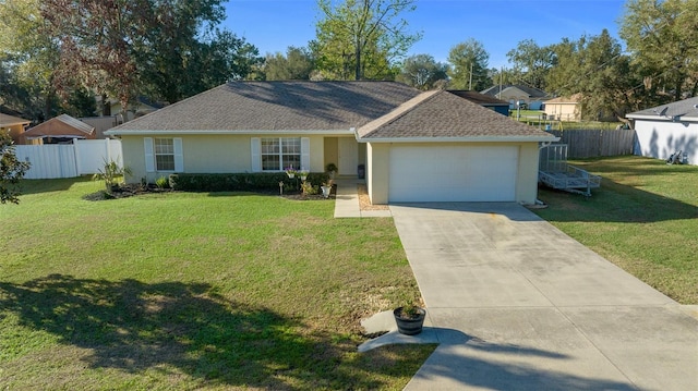 ranch-style home featuring an attached garage, a front yard, and stucco siding