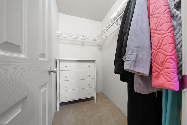 spacious closet featuring light colored carpet