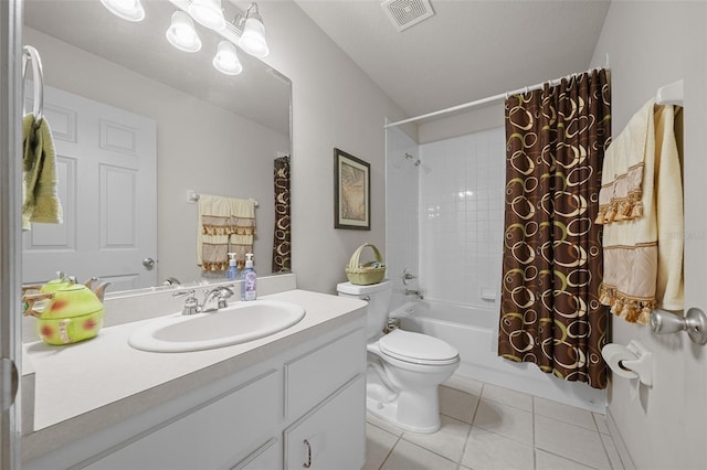 full bath with shower / bath combination with curtain, visible vents, toilet, vanity, and tile patterned floors