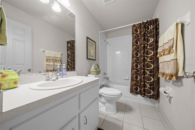 bathroom featuring visible vents, toilet, shower / tub combo with curtain, tile patterned floors, and vanity