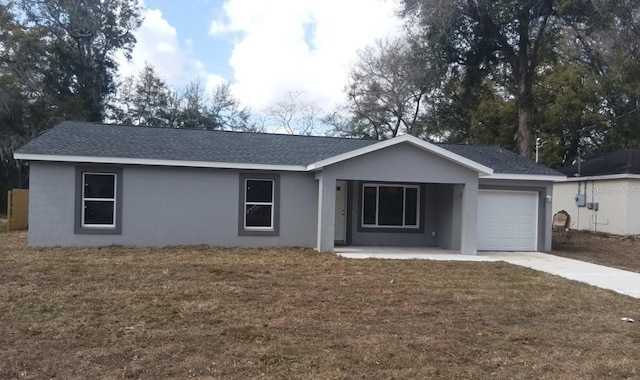 ranch-style home with stucco siding, concrete driveway, a front lawn, and a garage