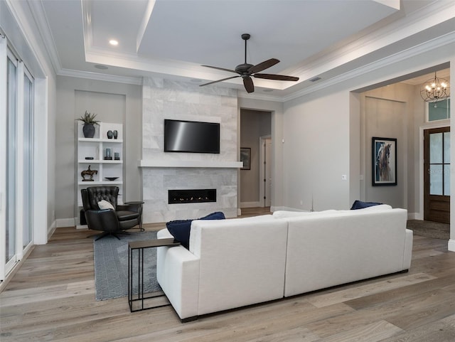 living area featuring light wood finished floors, a large fireplace, and a raised ceiling