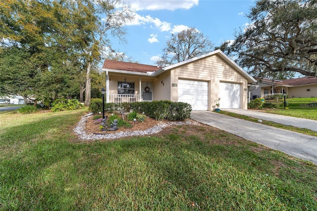 ranch-style home with an attached garage, covered porch, brick siding, concrete driveway, and a front lawn