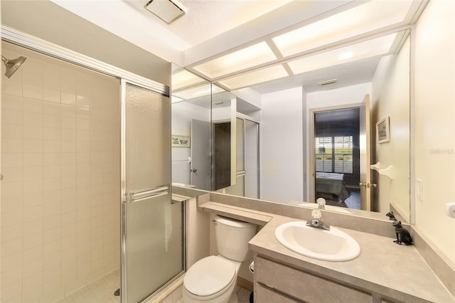 full bath featuring a stall shower, visible vents, vanity, and toilet