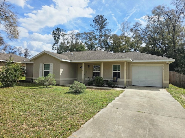 ranch-style house with a front lawn, driveway, an attached garage, and stucco siding