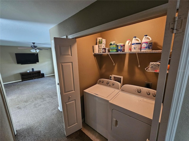 laundry room with carpet, washer and clothes dryer, a ceiling fan, laundry area, and baseboards