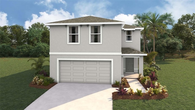 traditional-style home with a shingled roof, a front yard, concrete driveway, and stucco siding