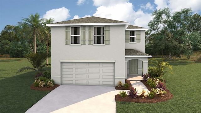 view of front of home with a garage, driveway, roof with shingles, stucco siding, and a front yard