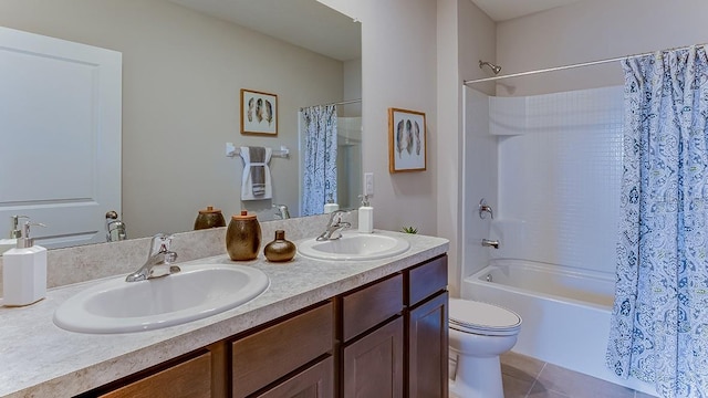 full bath with shower / bath combination with curtain, tile patterned flooring, a sink, and toilet