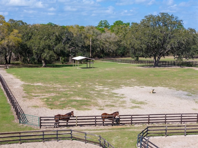 view of home's community featuring fence, a lawn, and a rural view