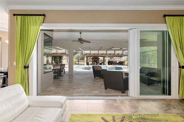 view of patio with an outdoor hangout area, ceiling fan, and an outdoor pool