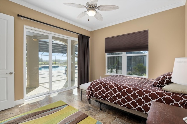 bedroom with a ceiling fan, access to outside, crown molding, and stone tile floors