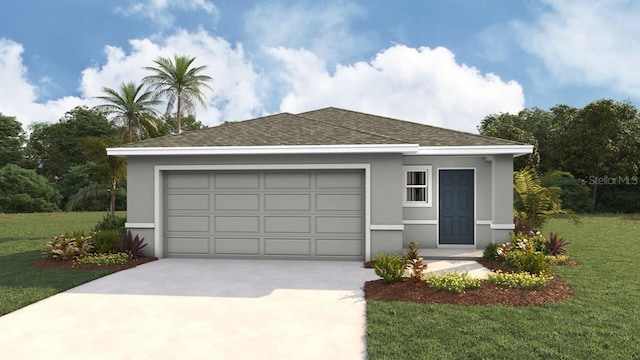 view of front of home featuring an attached garage, a shingled roof, concrete driveway, stucco siding, and a front yard